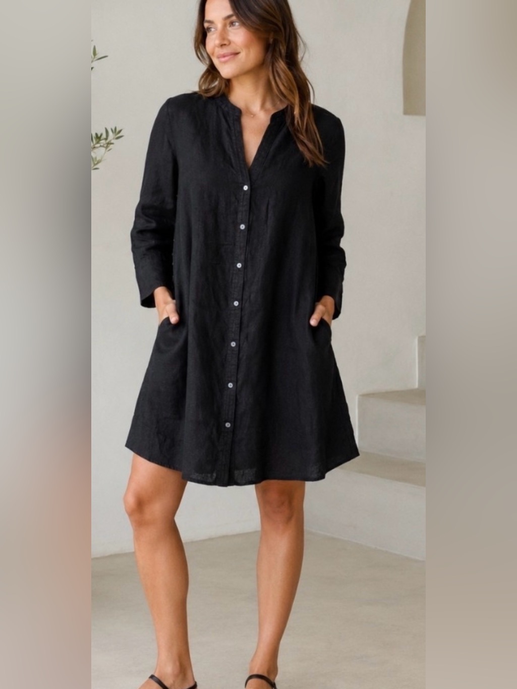 Joie Black 100% Linen V-Neck Button Dress Made In Italy Oversized Xs Nwt